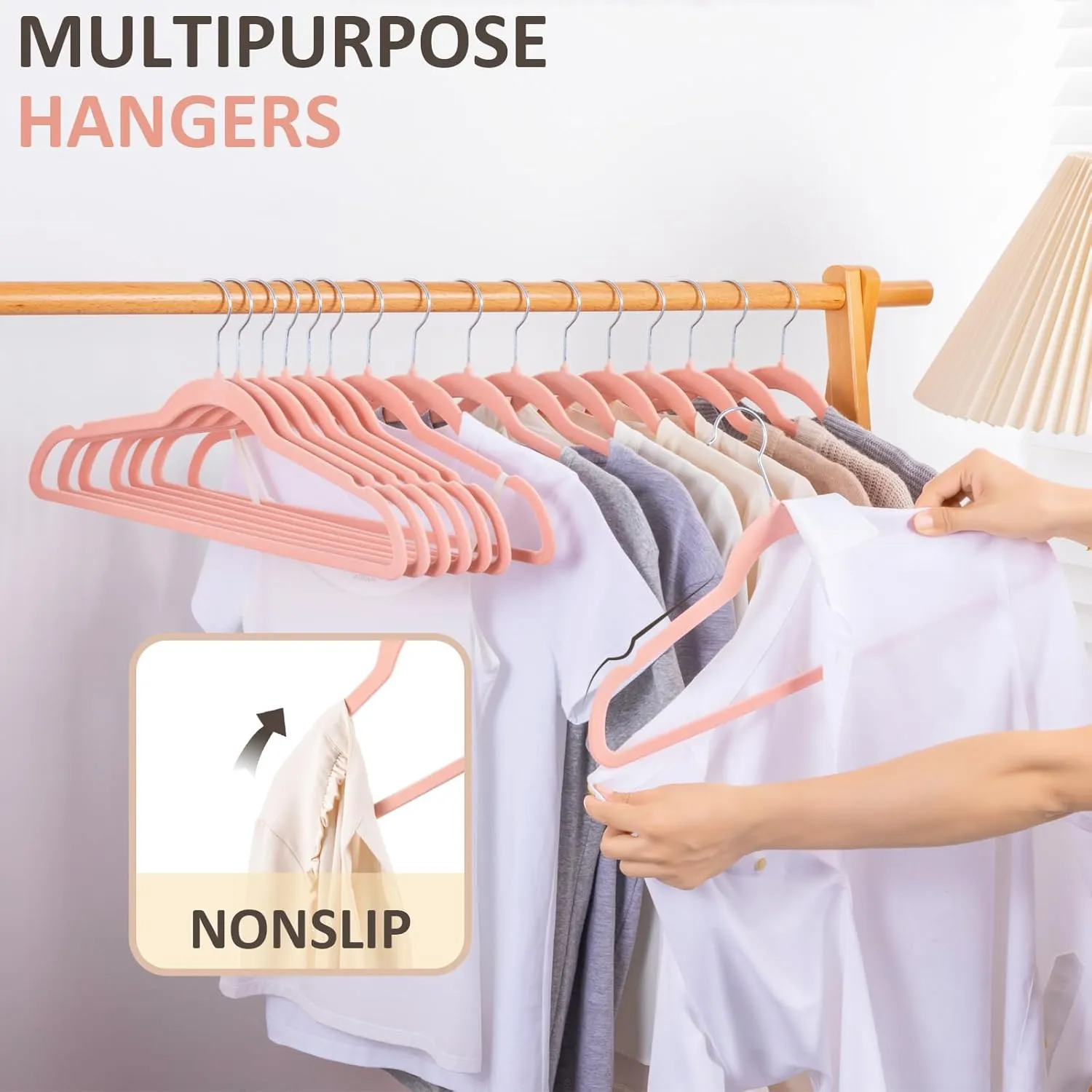 ELONG HOME Velvet Hangers - 50 Pack, Peach Pink Slim Felt Hangers with 360 Swivel Hook, Non-Slip Heavy Duty for Coats & Dress Clothes