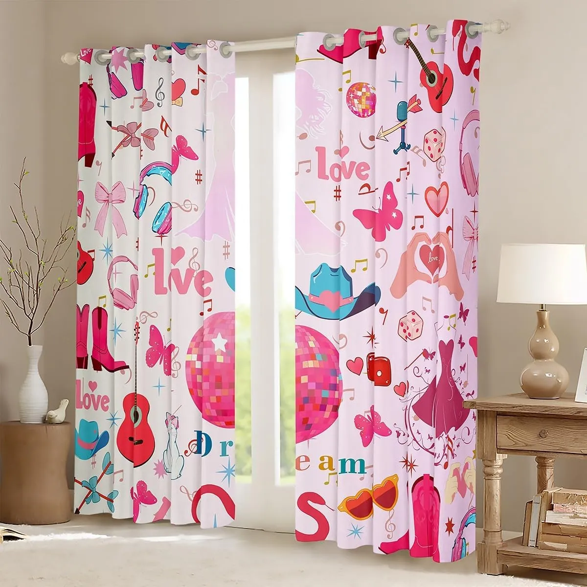 Erosebridal Music Note Curtains & Drapes,Guitar Headphones Singer Curtains for Girls Women Kids,Pink Disco Ball Window Curtains for Bedroom,Musical Themed Window Treatments 2 Panels 42" Wx63 L