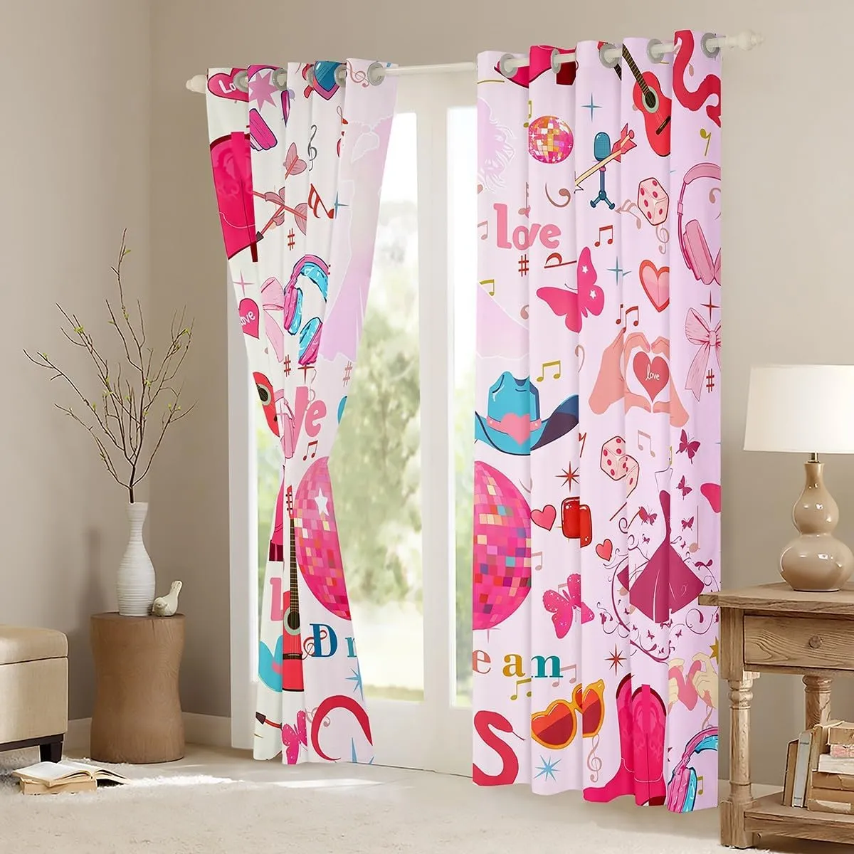 Erosebridal Music Note Curtains & Drapes,Guitar Headphones Singer Curtains for Girls Women Kids,Pink Disco Ball Window Curtains for Bedroom,Musical Themed Window Treatments 2 Panels 42" Wx63 L