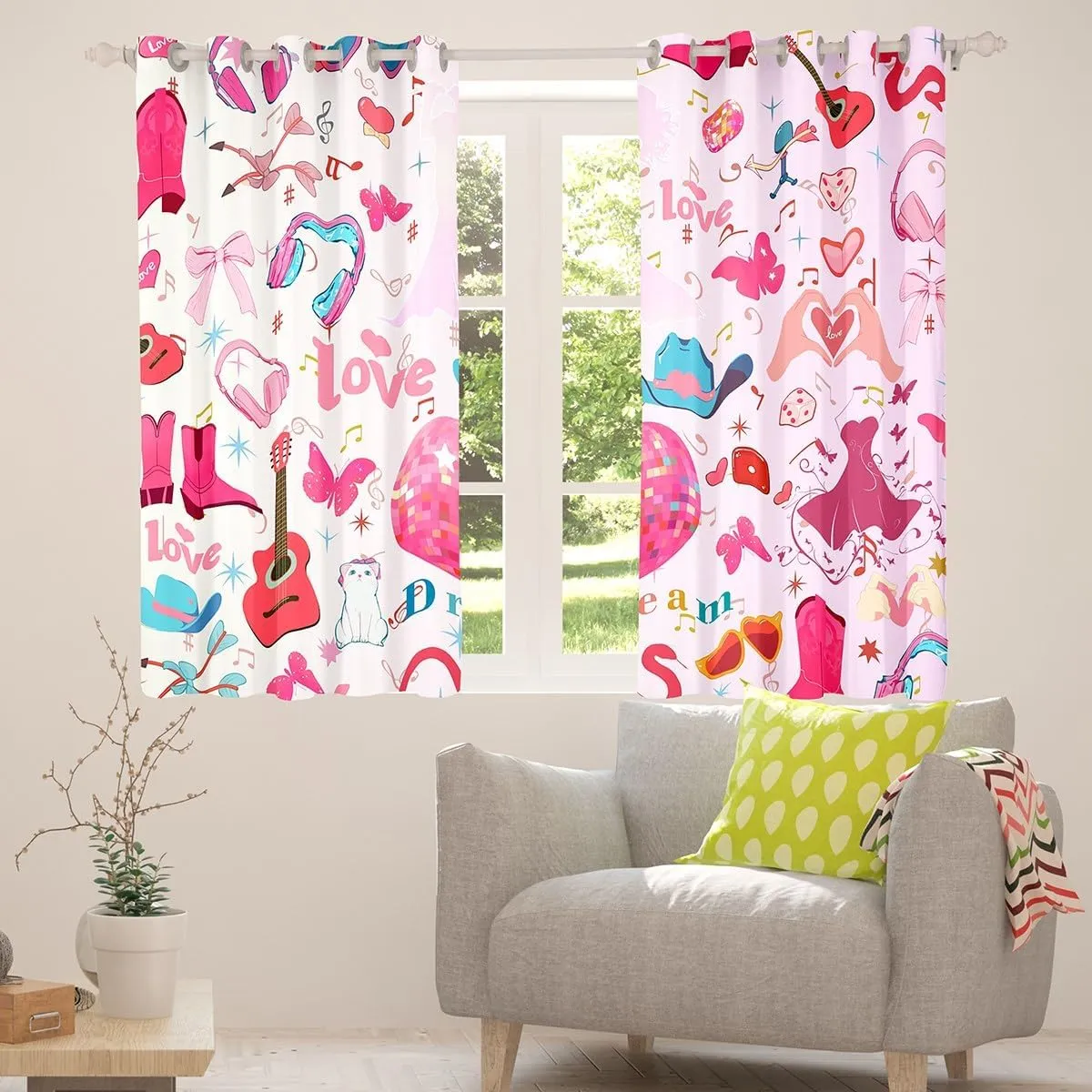 Erosebridal Music Note Curtains & Drapes,Guitar Headphones Singer Curtains for Girls Women Kids,Pink Disco Ball Window Curtains for Bedroom,Musical Themed Window Treatments 2 Panels 42" Wx63 L