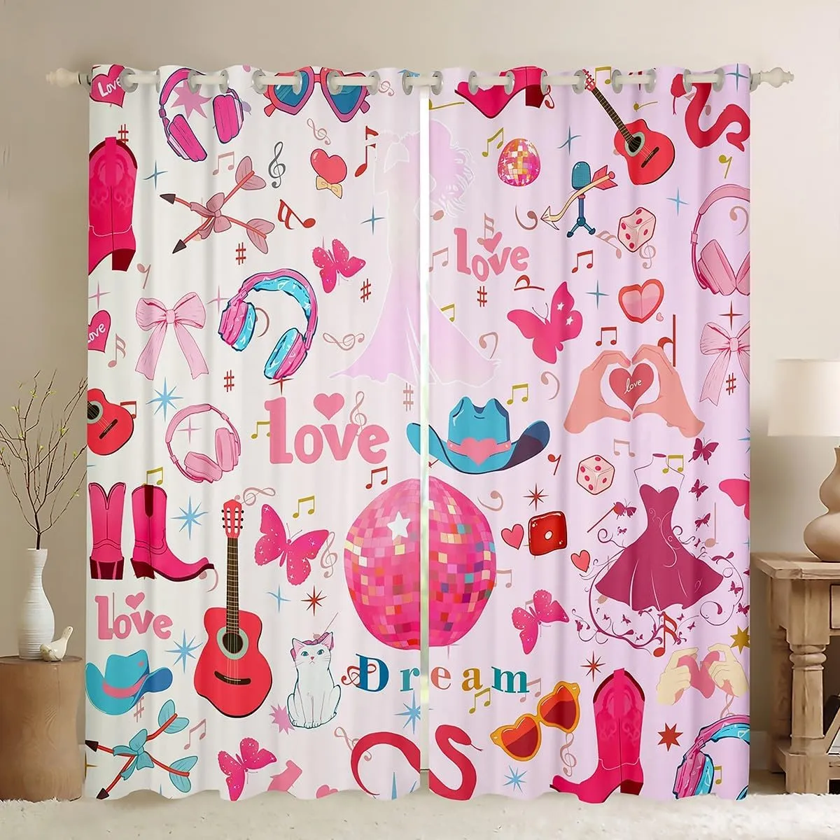 Erosebridal Music Note Curtains & Drapes,Guitar Headphones Singer Curtains for Girls Women Kids,Pink Disco Ball Window Curtains for Bedroom,Musical Themed Window Treatments 2 Panels 42" Wx63 L