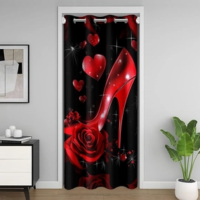 Erosebridal High Heels Door Curtain For Doorway Privacy 34"W x 80"L, Romantic Florals Printed Blackout Curtain, Roses Flowers Elegant Kid Thermal Door Drape, Black Red Love Heart Room Divider Curtain
