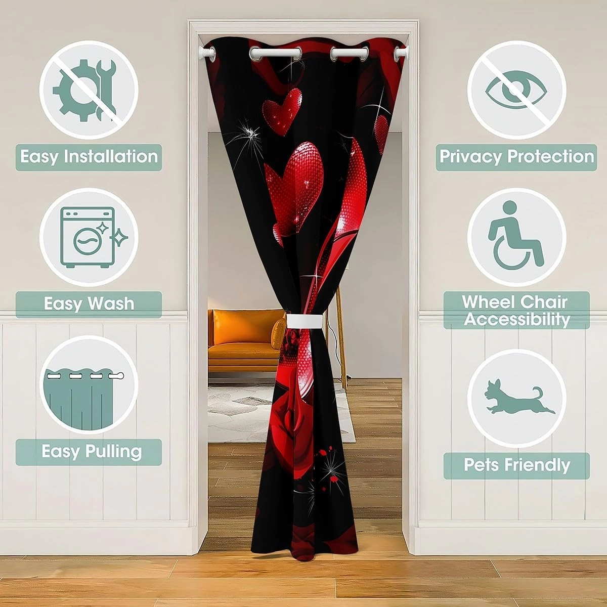 Erosebridal High Heels Door Curtain For Doorway Privacy 34"W x 80"L, Romantic Florals Printed Blackout Curtain, Roses Flowers Elegant Kid Thermal Door Drape, Black Red Love Heart Room Divider Curtain