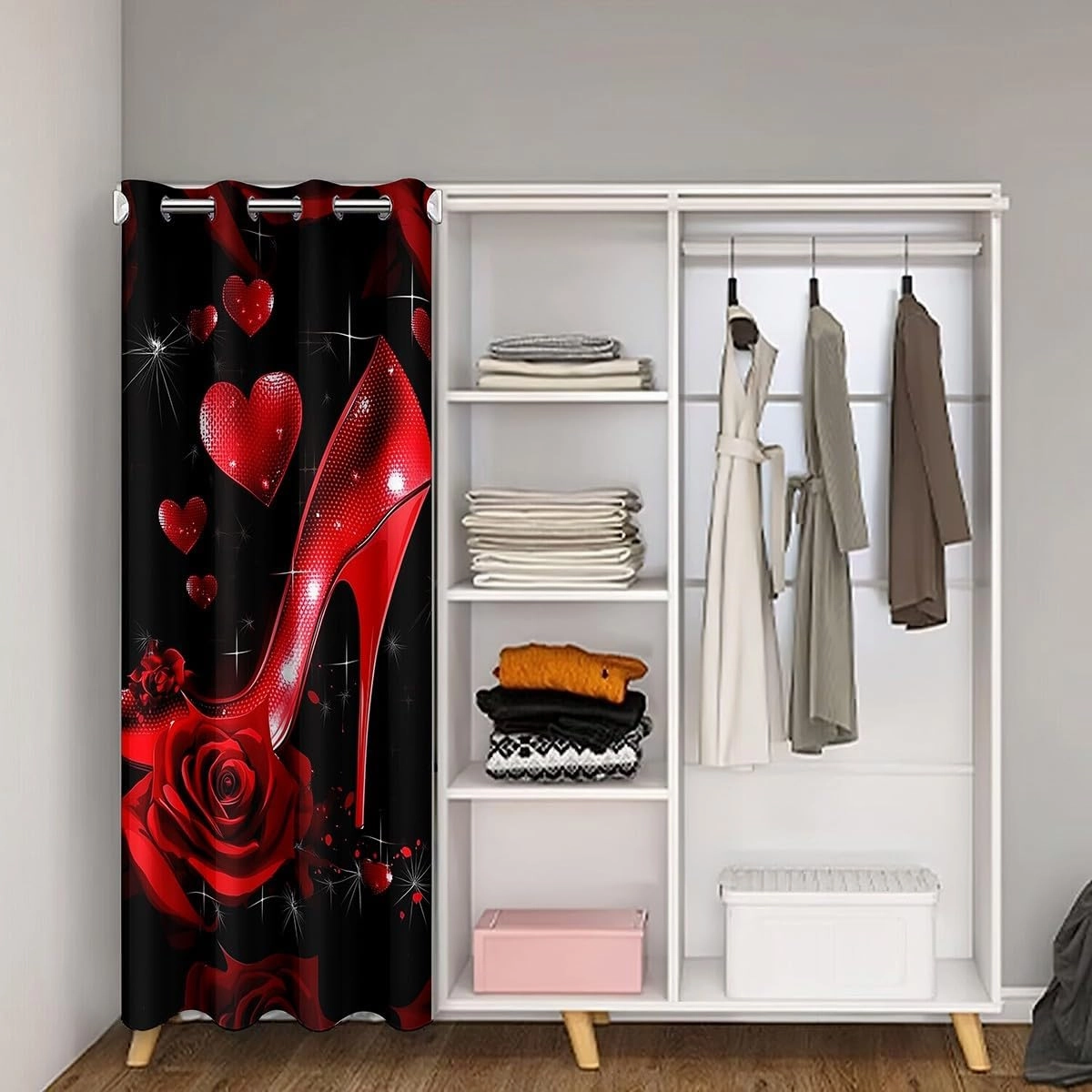 Erosebridal High Heels Door Curtain For Doorway Privacy 34"W x 80"L, Romantic Florals Printed Blackout Curtain, Roses Flowers Elegant Kid Thermal Door Drape, Black Red Love Heart Room Divider Curtain