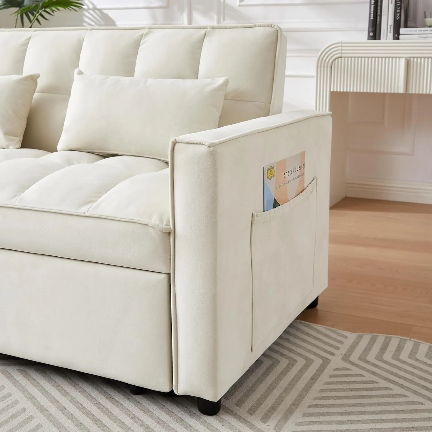 ERYE Modern Loveseat Sofabed 3 in 1 Convertible Sleeper Sofa Bed for Living Room, Velvet Upholstered Tufted Loveseat Sofa Lounge Daybed W/Pull Out Sleeper Couch Bed, Side Pockets and 2 Lumbar Pillows