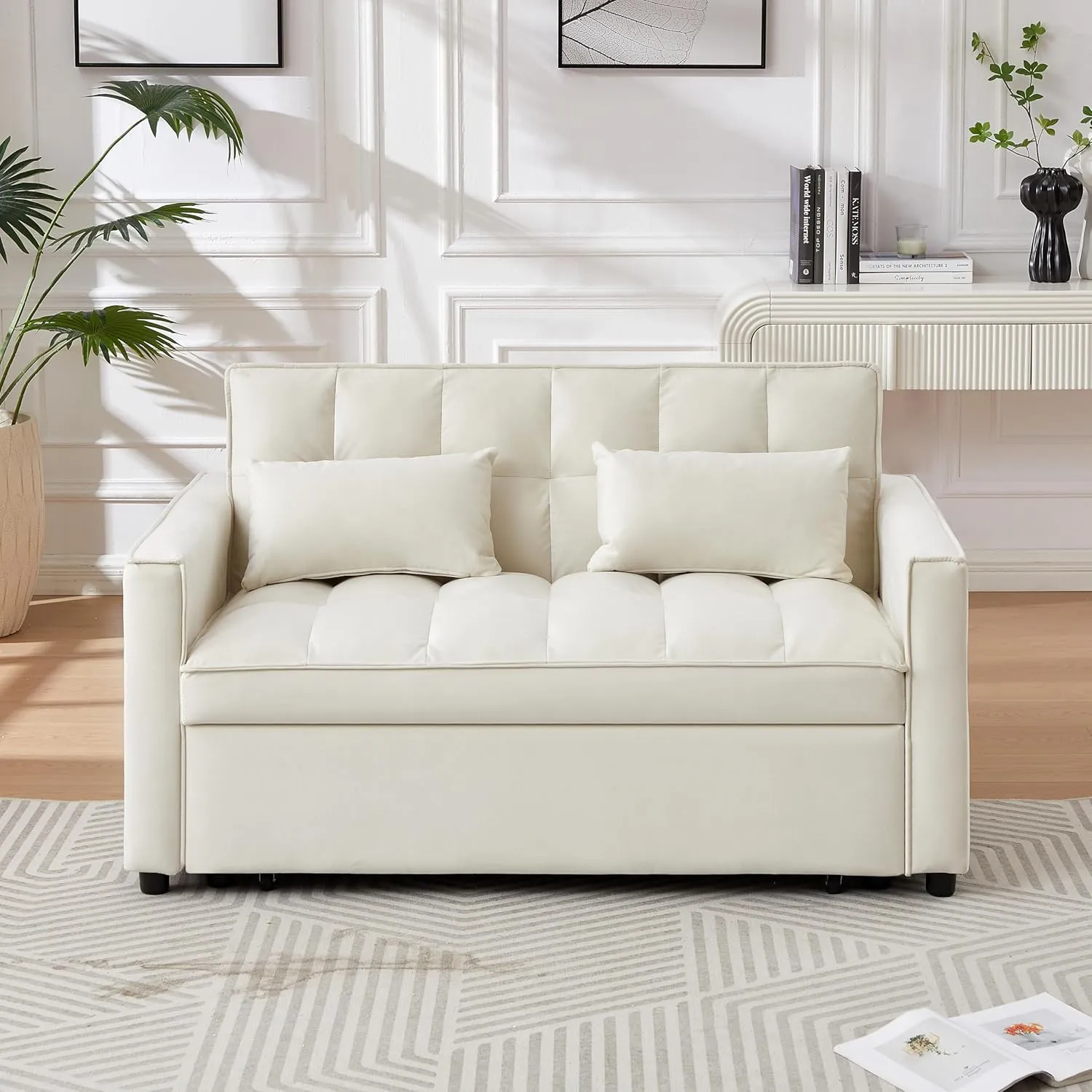 ERYE Modern Loveseat Sofabed 3 in 1 Convertible Sleeper Sofa Bed for Living Room, Velvet Upholstered Tufted Loveseat Sofa Lounge Daybed W/Pull Out Sleeper Couch Bed, Side Pockets and 2 Lumbar Pillows