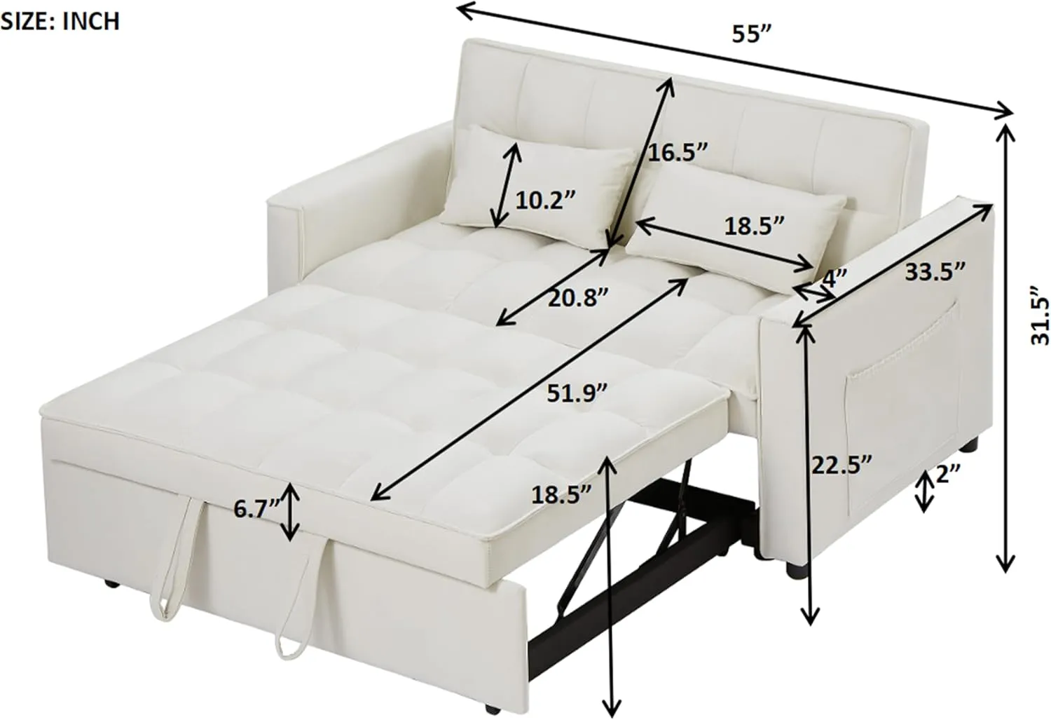 ERYE Modern Loveseat Sofabed 3 in 1 Convertible Sleeper Sofa Bed for Living Room, Velvet Upholstered Tufted Loveseat Sofa Lounge Daybed W/Pull Out Sleeper Couch Bed, Side Pockets and 2 Lumbar Pillows