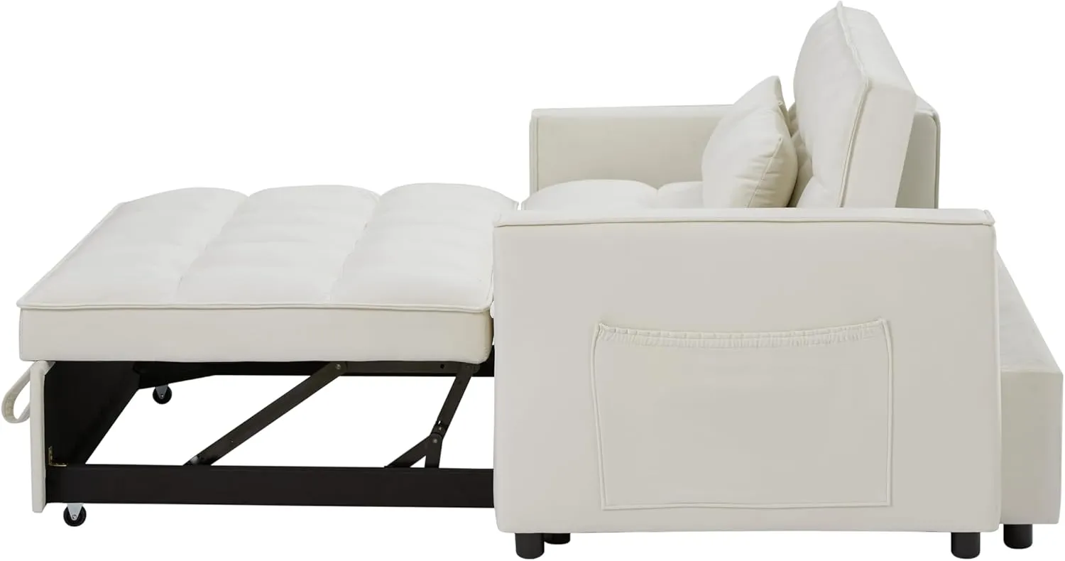 ERYE Modern Loveseat Sofabed 3 in 1 Convertible Sleeper Sofa Bed for Living Room, Velvet Upholstered Tufted Loveseat Sofa Lounge Daybed W/Pull Out Sleeper Couch Bed, Side Pockets and 2 Lumbar Pillows