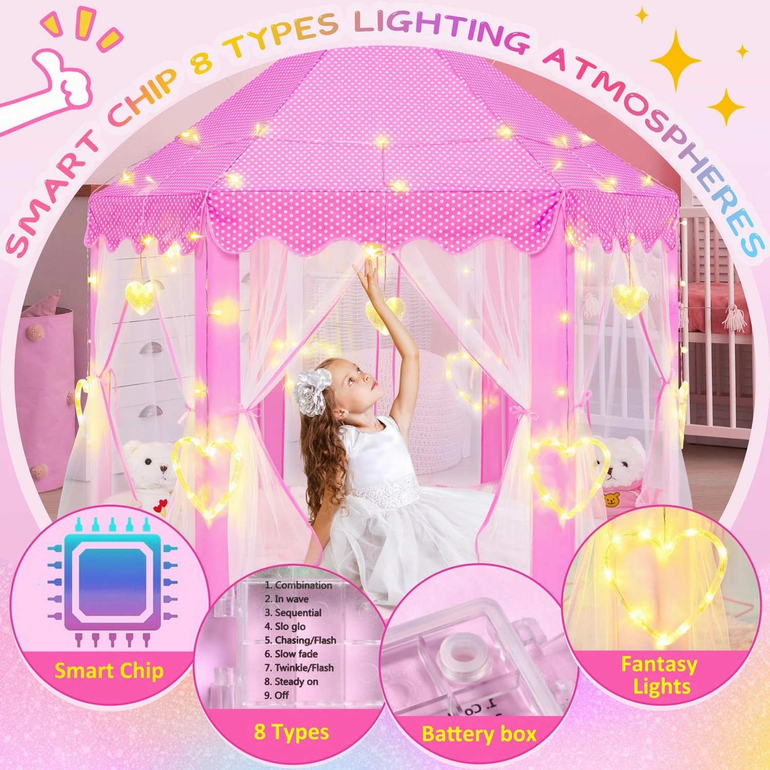 EVOIONOS Princess Tent for Girls with Large Love Lights, Pink Play Tent for Toddlers, Castle Playhouse 55 x 53 inch