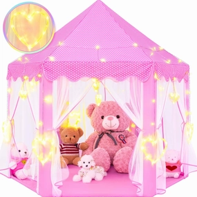 EVOIONOS Princess Tent for Girls with Large Love Lights, Pink Play Tent for Toddlers, Castle Playhouse 55 x 53 inch