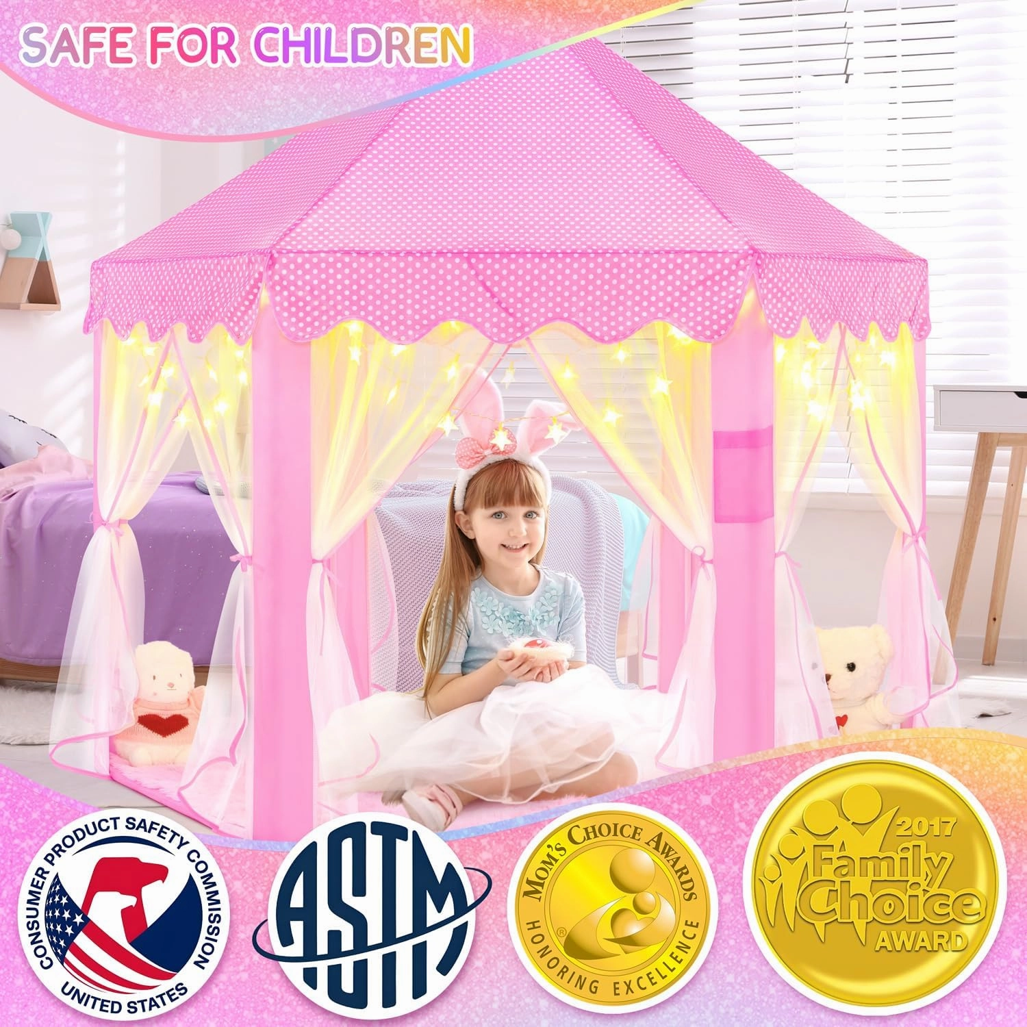EVOIONOS Princess Tent with Lights and Rug, Play Tent for Girls, Kids Tent Indoor and Mat, Princess Castle Playhouse Tent for Girls, Pink Girls Tent for Toddlers, 55 x 53 inch Toy Tent