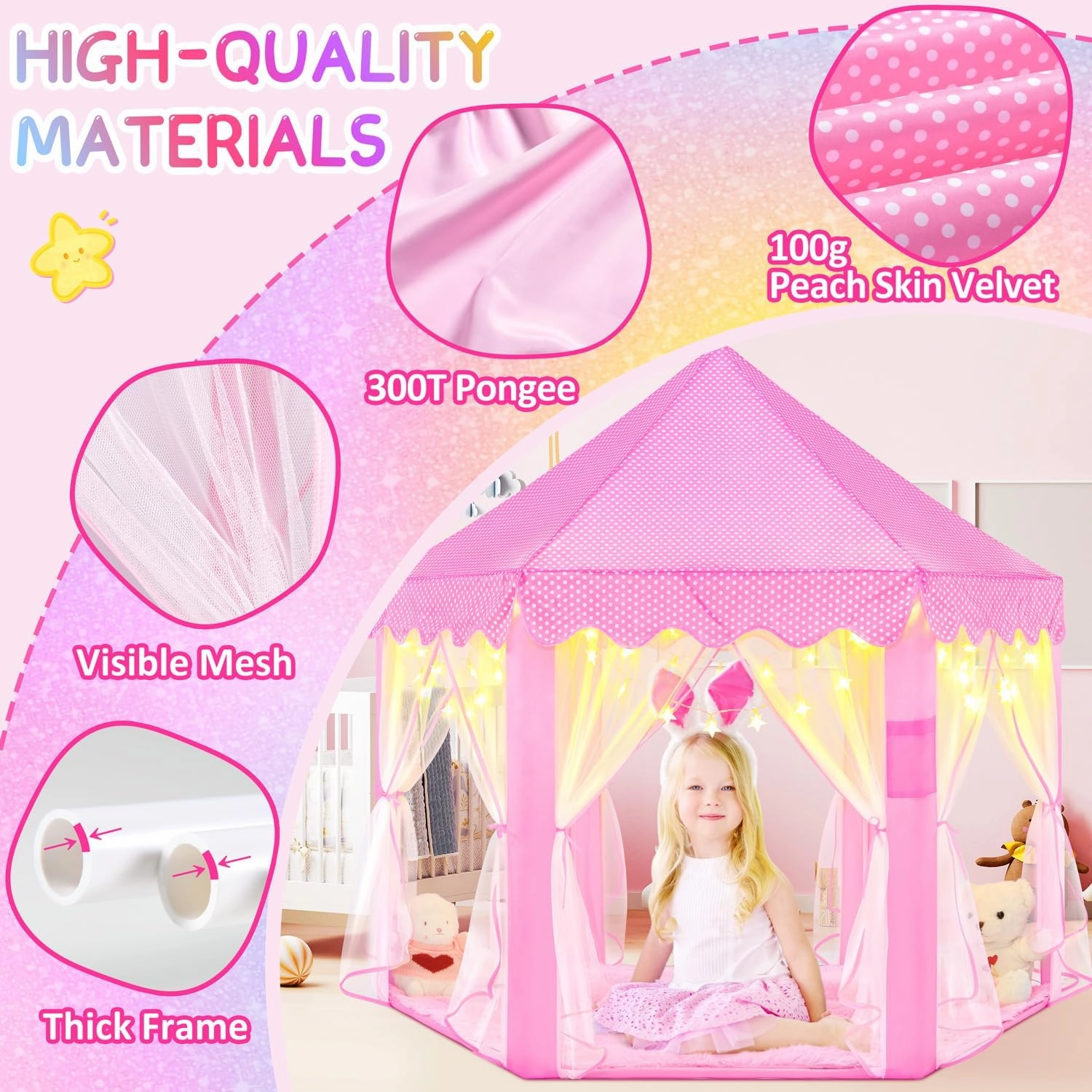 EVOIONOS Princess Tent with Lights and Rug, Play Tent for Girls, Kids Tent Indoor and Mat, Princess Castle Playhouse Tent for Girls, Pink Girls Tent for Toddlers, 55 x 53 inch Toy Tent