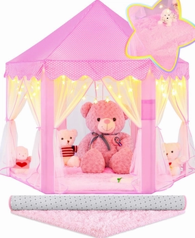 EVOIONOS Princess Tent with Lights and Rug, Play Tent for Girls, Kids Tent Indoor and Mat, Princess Castle Playhouse Tent for Girls, Pink Girls Tent for Toddlers, 55 x 53 inch Toy Tent