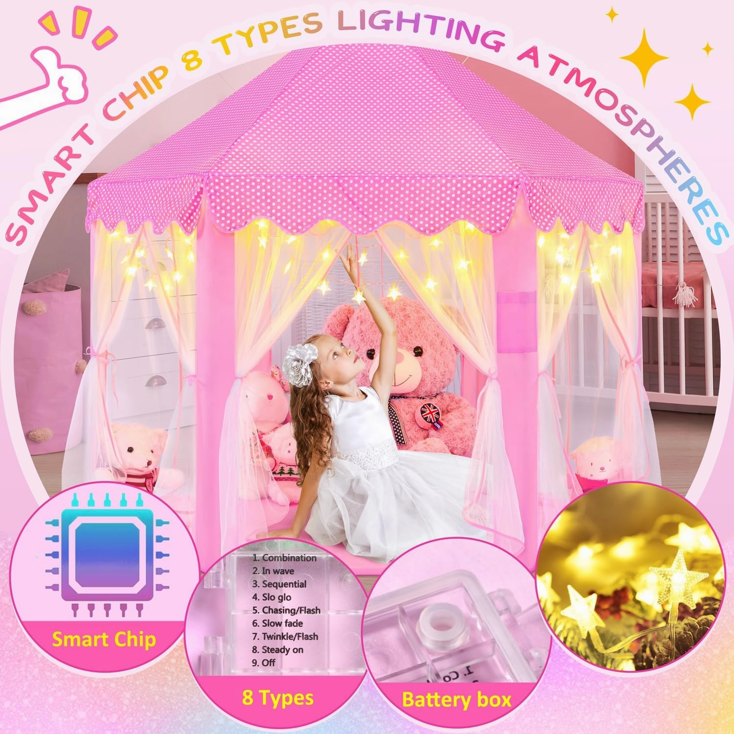 EVOIONOS Princess Tent with Lights and Rug, Play Tent for Girls, Kids Tent Indoor and Mat, Princess Castle Playhouse Tent for Girls, Pink Girls Tent for Toddlers, 55 x 53 inch Toy Tent
