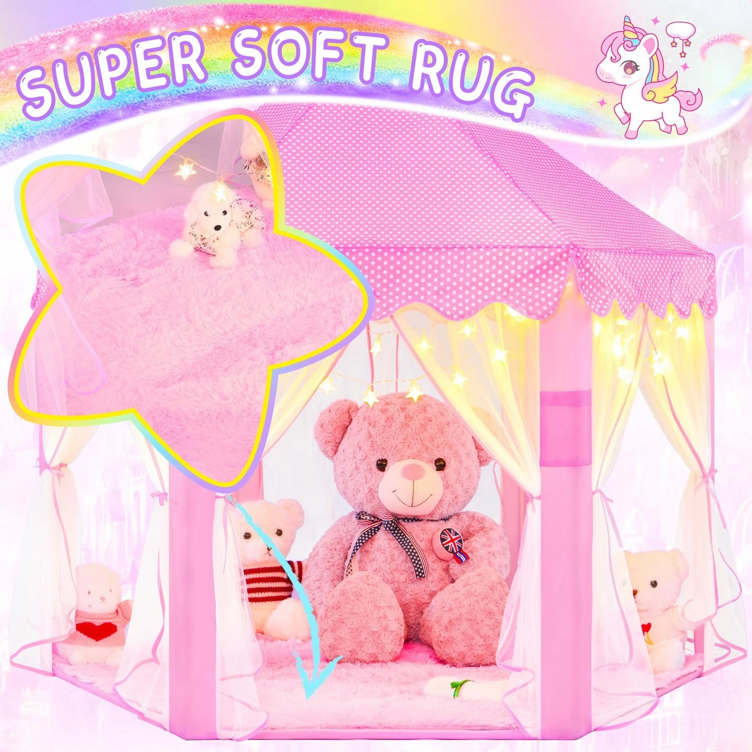 EVOIONOS Princess Tent with Lights and Rug, Play Tent for Girls, Kids Tent Indoor and Mat, Princess Castle Playhouse Tent for Girls, Pink Girls Tent for Toddlers, 55 x 53 inch Toy Tent