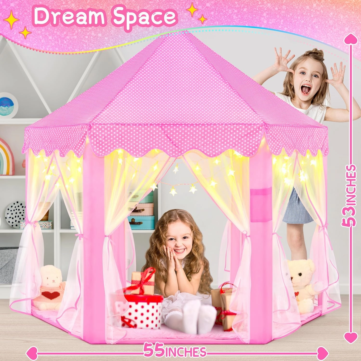 EVOIONOS Princess Tent with Lights and Rug, Play Tent for Girls, Kids Tent Indoor and Mat, Princess Castle Playhouse Tent for Girls, Pink Girls Tent for Toddlers, 55 x 53 inch Toy Tent