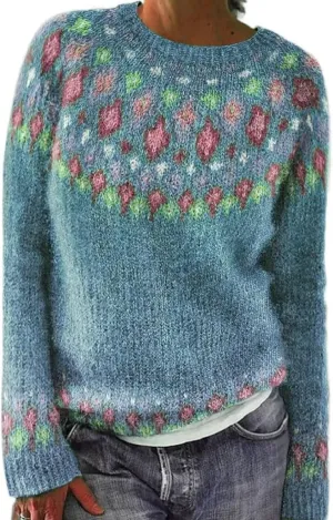 Fair Isle Pattern Sweater Women's Knitted Isle Print Retro Sweater Casual Loose Crewneck Long Sleeve Lightweight