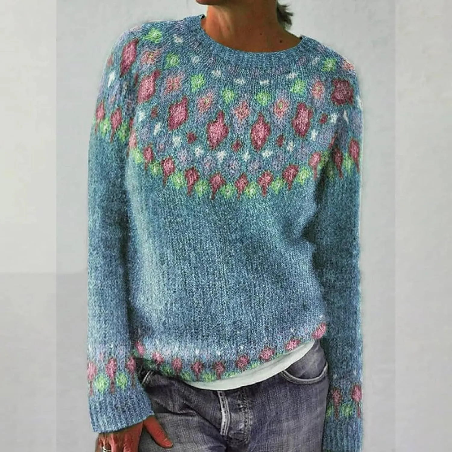 Fair Isle Pattern Sweater Women's Knitted Isle Print Retro Sweater Casual Loose Crewneck Long Sleeve Lightweight