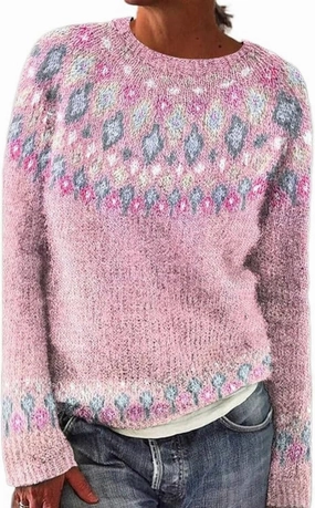 Fair Isle Pattern Sweater Women's Knitted Isle Print Retro Sweater Casual Loose Crewneck Long Sleeve Lightweight