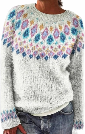 Fair Isle Pattern Sweater Women's Knitted Isle Print Retro Sweater Casual Loose Crewneck Long Sleeve Lightweight