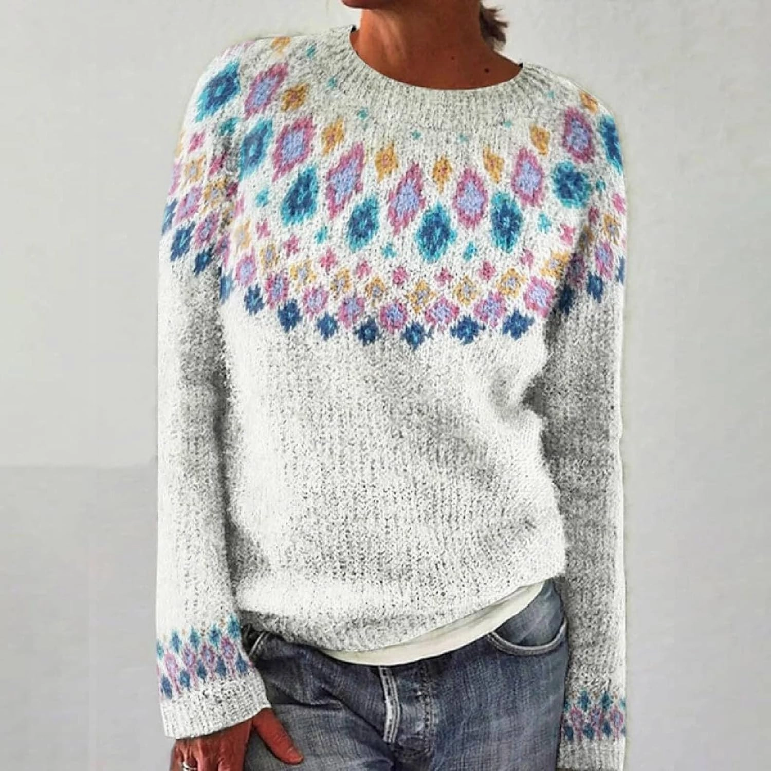 Fair Isle Pattern Sweater Women's Knitted Isle Print Retro Sweater Casual Loose Crewneck Long Sleeve Lightweight