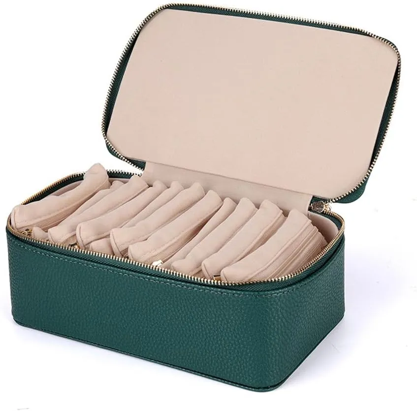 Familiarn Travel Jewelry Box with Small Pouches Portable Waterproof PU Leather Travel Jewelrys Case Organizer with 12 Velvet Pouch for Rings Earrings Necklaces Gift for Mom (Green)