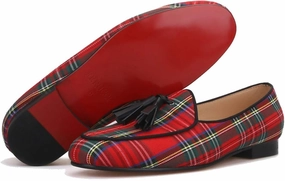 FERUCCI Men Red Scottish Slippers Flats Loafers with Black Leather Tassel
