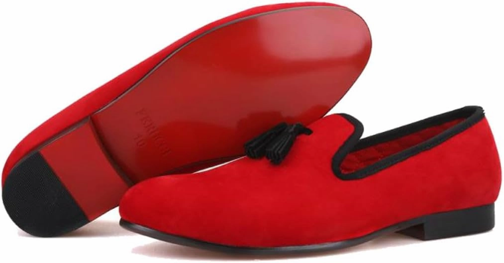 FERUCCI Plain Red Velvet Slippers Loafers with Black Tassel Wedding Prom Shoes