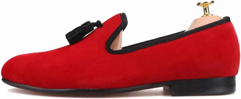 FERUCCI Plain Red Velvet Slippers Loafers with Black Tassel Wedding Prom Shoes