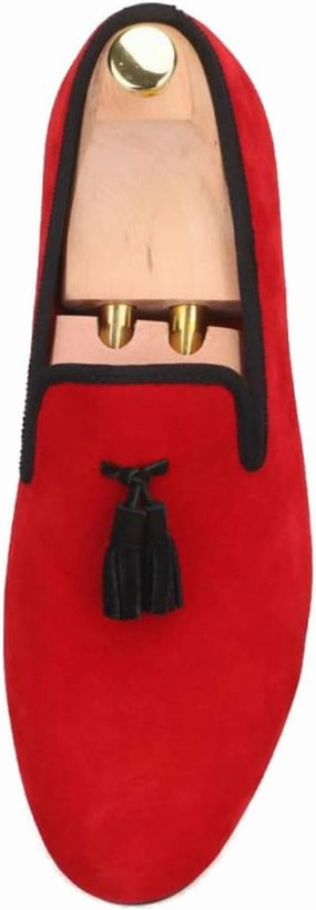 FERUCCI Plain Red Velvet Slippers Loafers with Black Tassel Wedding Prom Shoes