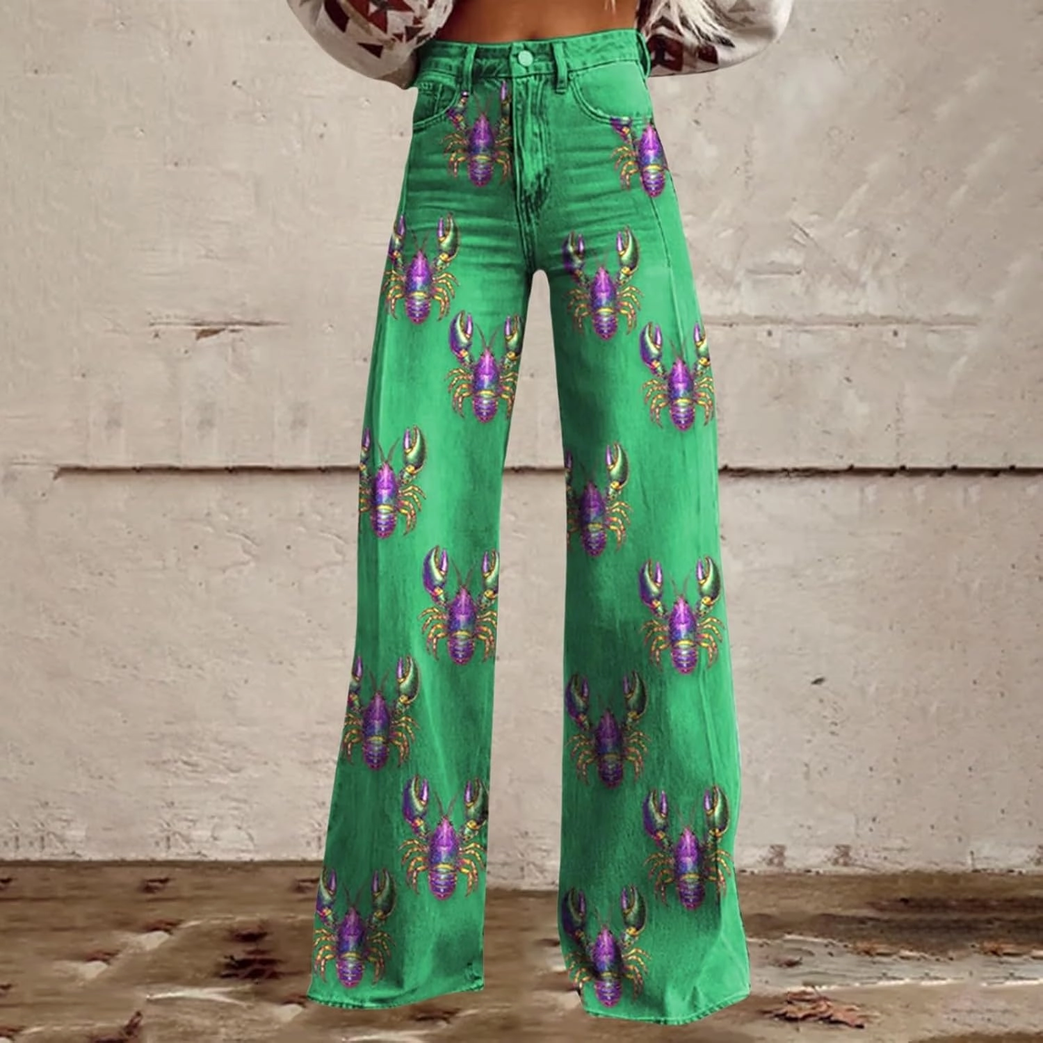 Flare Jeans for Women 2025 Wide Leg Baggy Pant Vintage Floral Print High Waisted Straight Stretch Pants with Pockets