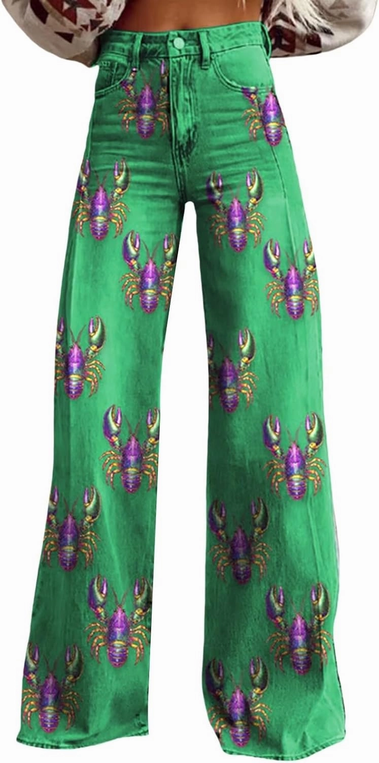 Flare Jeans for Women 2025 Wide Leg Baggy Pant Vintage Floral Print High Waisted Straight Stretch Pants with Pockets
