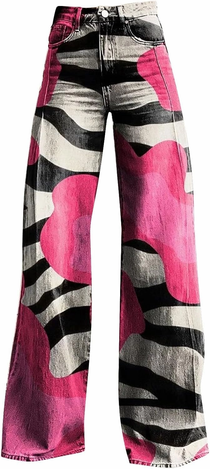 Flare Jeans for Women Wide Leg Baggy Pants Vintage Floral Print High Waisted Straight Stretch Pants with Pockets