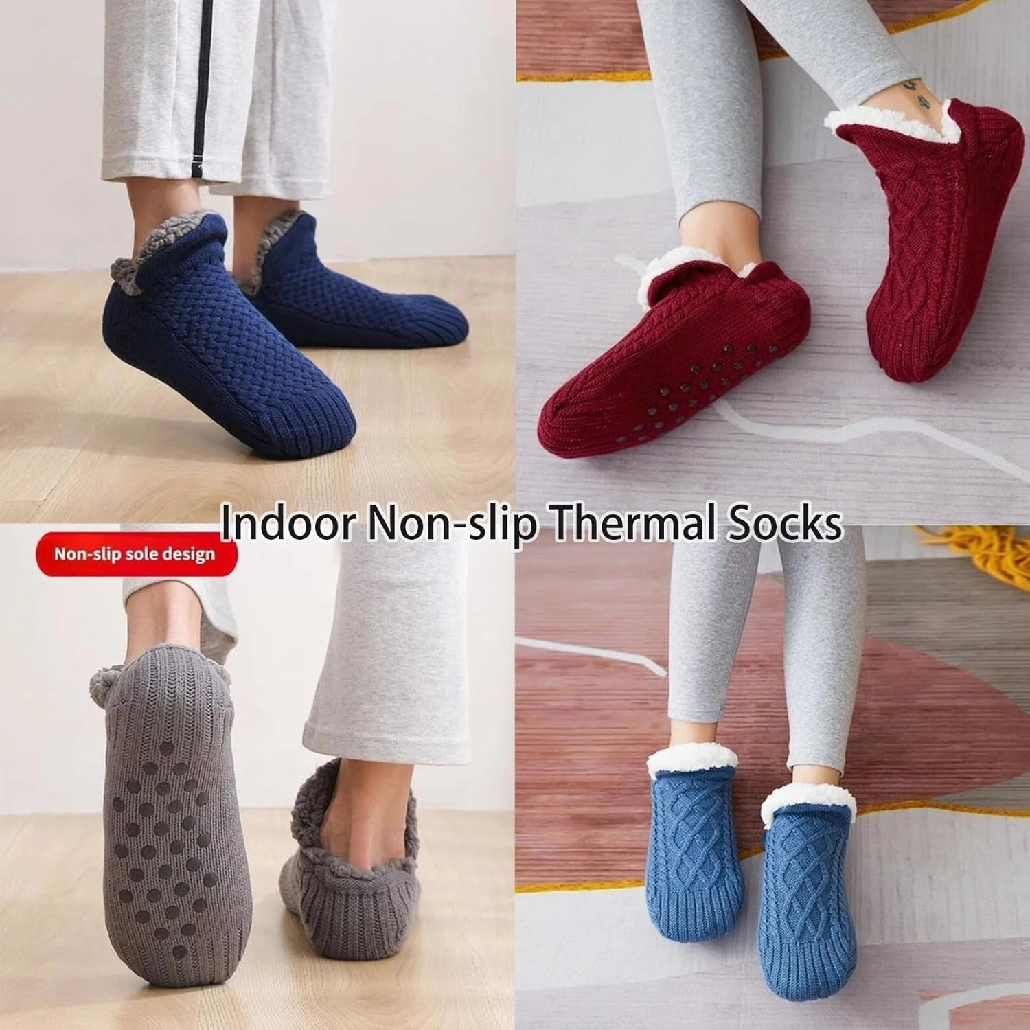 Fleecesox - Fleece-Lined Non-slip Thermal Slippers Socks, Indoor Non-slip Thermal Socks, Women's V-Mouth Fuzzy Socks