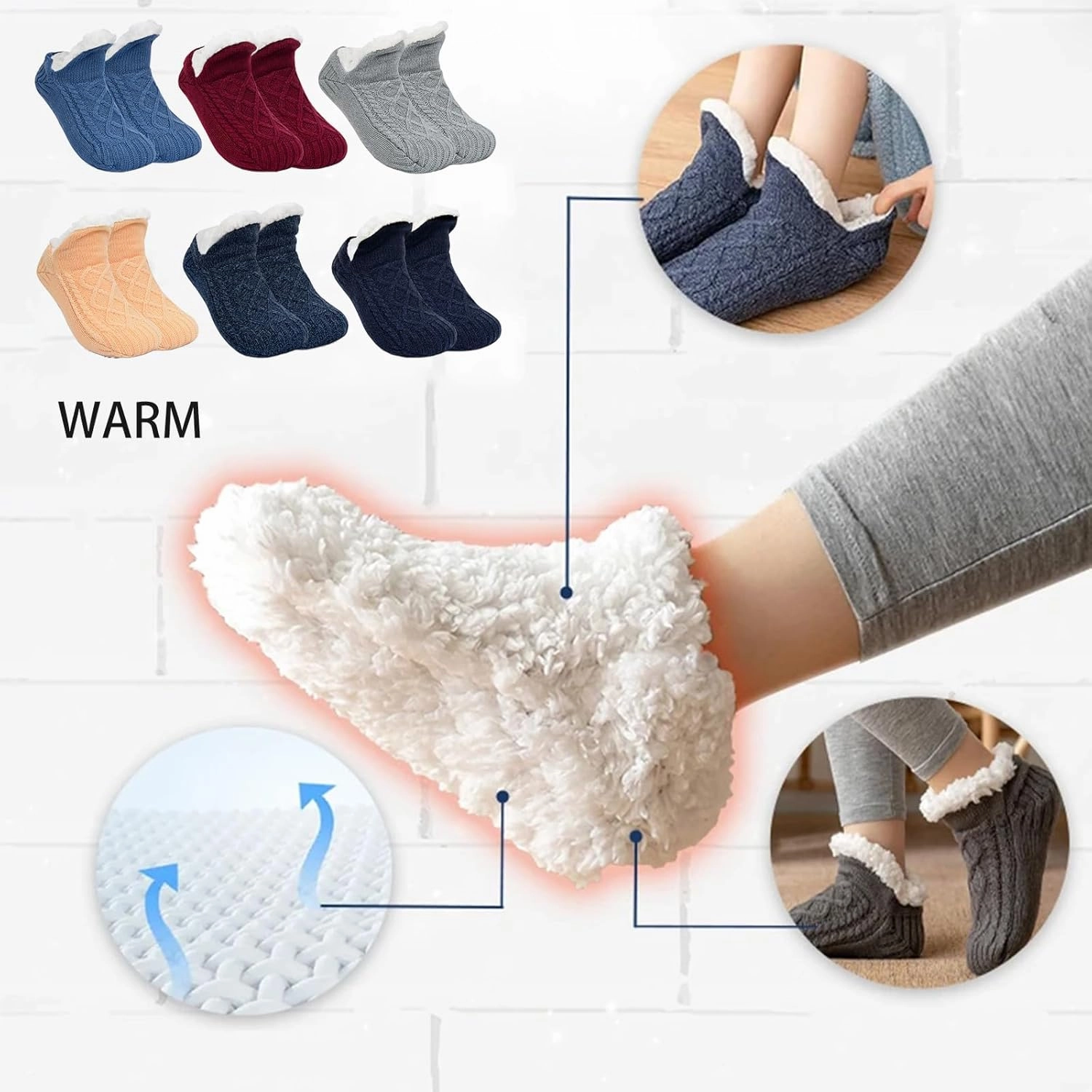 Fleecesox - Fleece-Lined Non-slip Thermal Slippers Socks, Indoor Non-slip Thermal Socks, Women's V-Mouth Fuzzy Socks