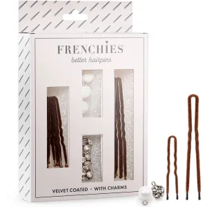 Frenchies French Twist Hair Pin, Velvet Coated Extra Soft French Hair Pins for Women, Wedding, Updo Extensions, or Wig, 6 Pearls   6 Crystals, 20 Count (10 Lrg, 10 Sm), Brown