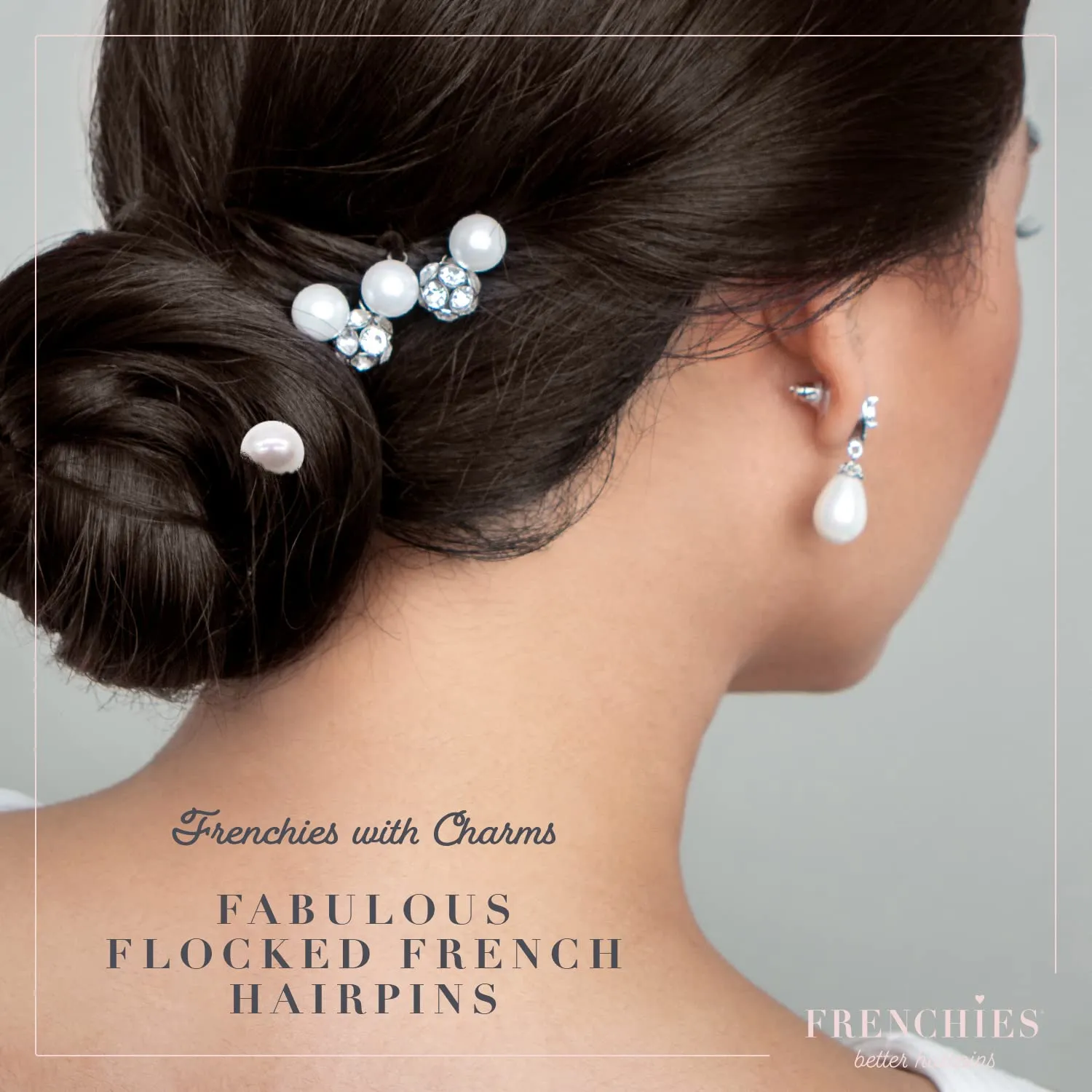 Frenchies French Twist Hair Pin, Velvet Coated Extra Soft French Hair Pins for Women, Wedding, Updo Extensions, or Wig, 6 Pearls   6 Crystals, 20 Count (10 Lrg, 10 Sm), Brown