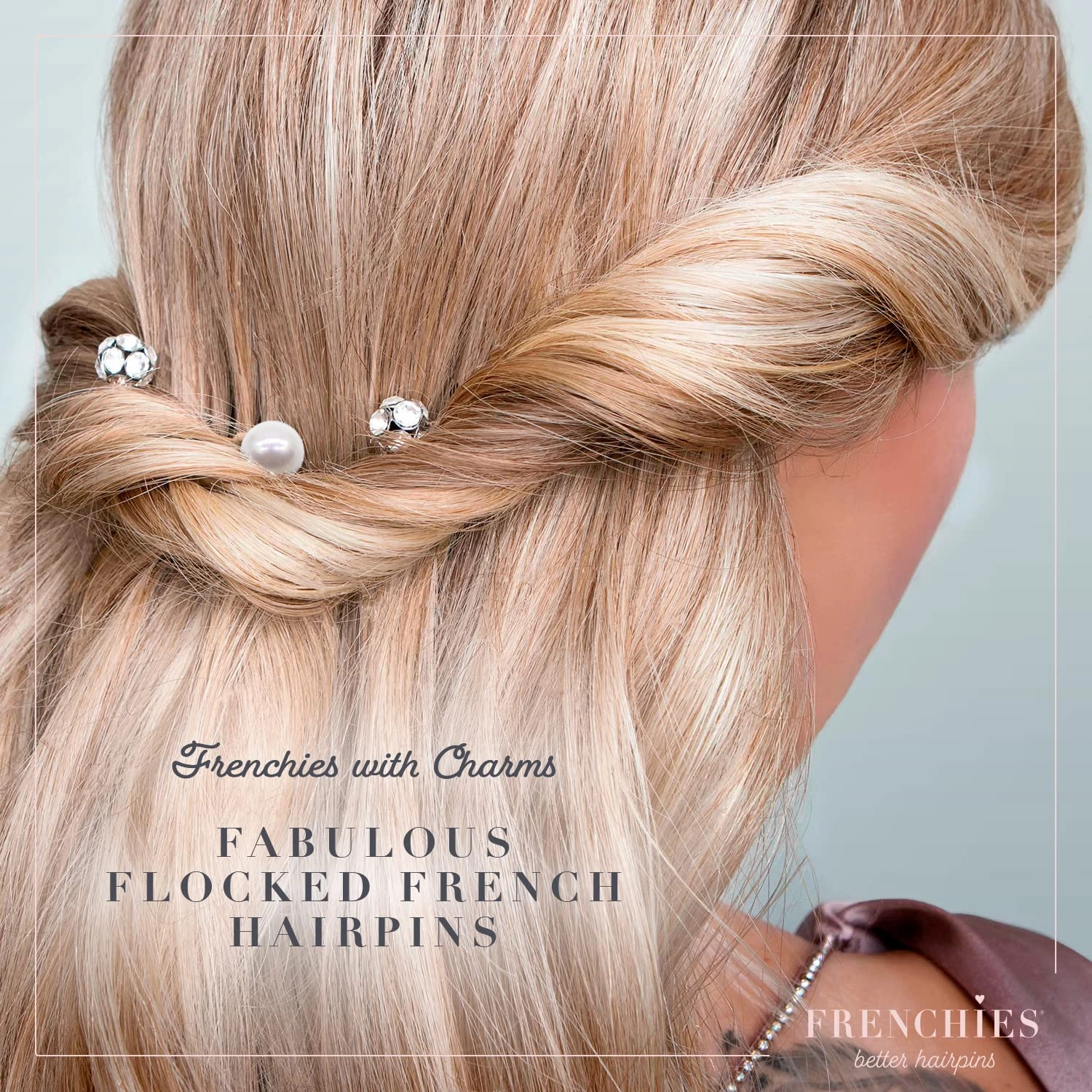 Frenchies French Twist Hair Pin, Velvet Coated Extra Soft French Hair Pins for Women, Wedding, Updo Extensions, or Wig, 6 Pearls   6 Crystals, 20 Count (10 Lrg, 10 Sm), Blond
