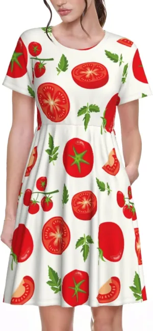 Fresh Red Tomato Print Summer Dresses for Women Casual Tshirt Short Sleeve Sundress Beach Cover