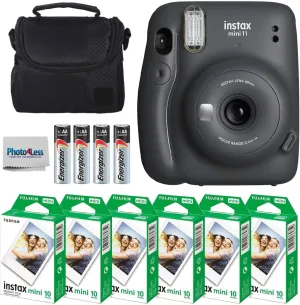 Fujifilm Instax Mini 11 Instant Camera - Charcoal Grey   Twin Pack Instant Film (60 Sheets)   Batteries   Case