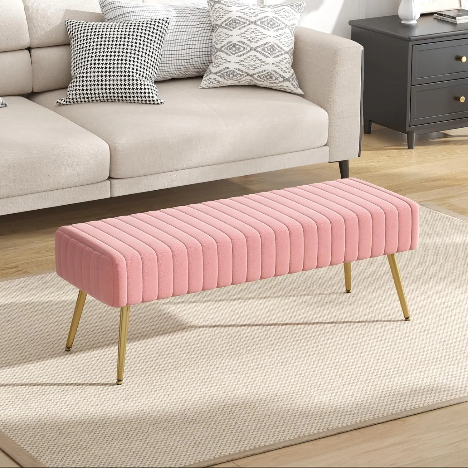 Furniliving 44 Inch Velvet Bench, Upholstered Tufted Striped Fabric Bedroom Bench with Golden Metal Legs, Ottoman for Living Room, Solid Wood Indoor Bench for Foyer (Pink)
