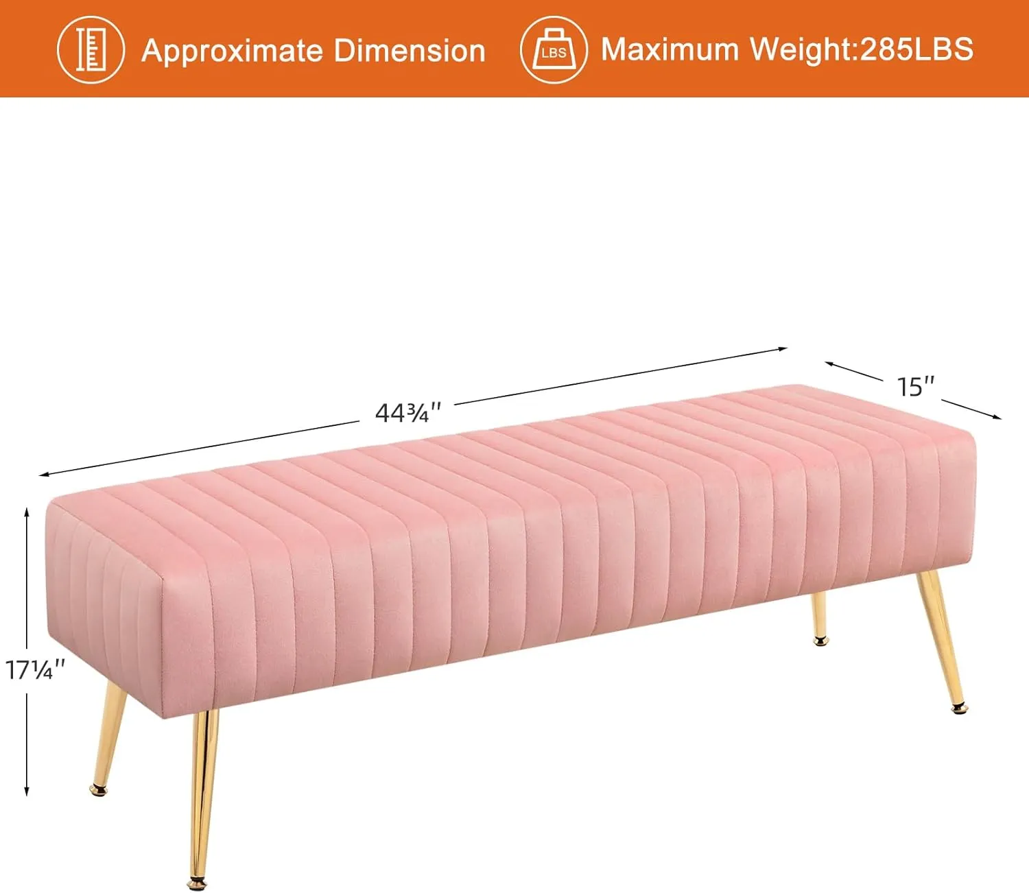 Furniliving 44 Inch Velvet Bench, Upholstered Tufted Striped Fabric Bedroom Bench with Golden Metal Legs, Ottoman for Living Room, Solid Wood Indoor Bench for Foyer (Pink)