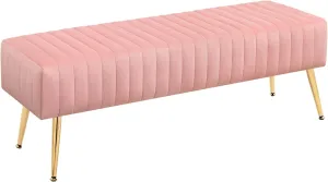 Furniliving 44 Inch Velvet Bench, Upholstered Tufted Striped Fabric Bedroom Bench with Golden Metal Legs, Ottoman for Living Room, Solid Wood Indoor Bench for Foyer (Pink)