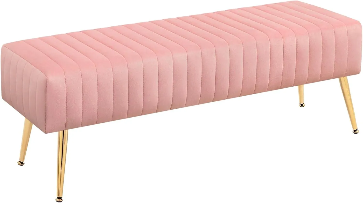 Furniliving 44 Inch Velvet Bench, Upholstered Tufted Striped Fabric Bedroom Bench with Golden Metal Legs, Ottoman for Living Room, Solid Wood Indoor Bench for Foyer (Pink)