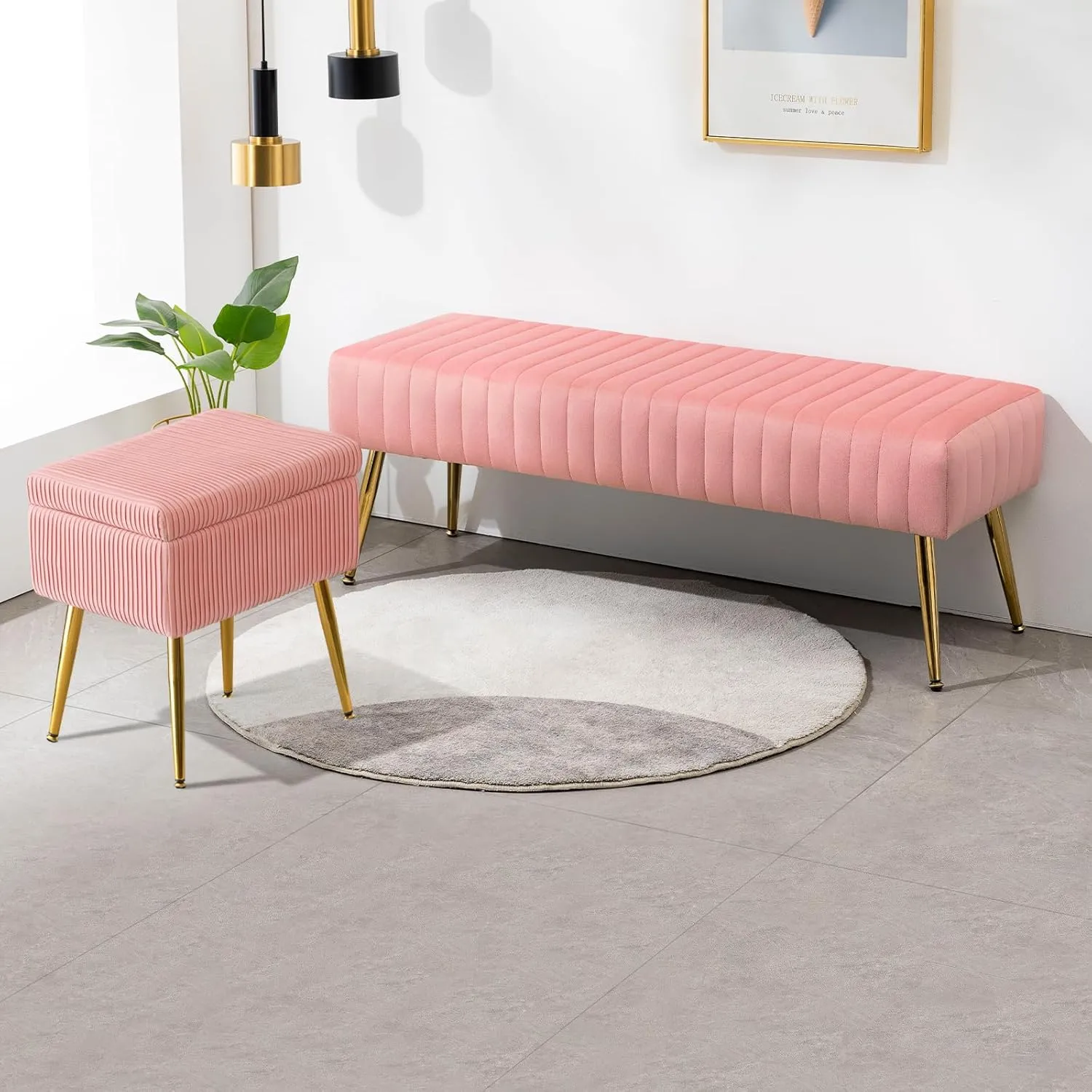 Furniliving 44 Inch Velvet Bench, Upholstered Tufted Striped Fabric Bedroom Bench with Golden Metal Legs, Ottoman for Living Room, Solid Wood Indoor Bench for Foyer (Pink)
