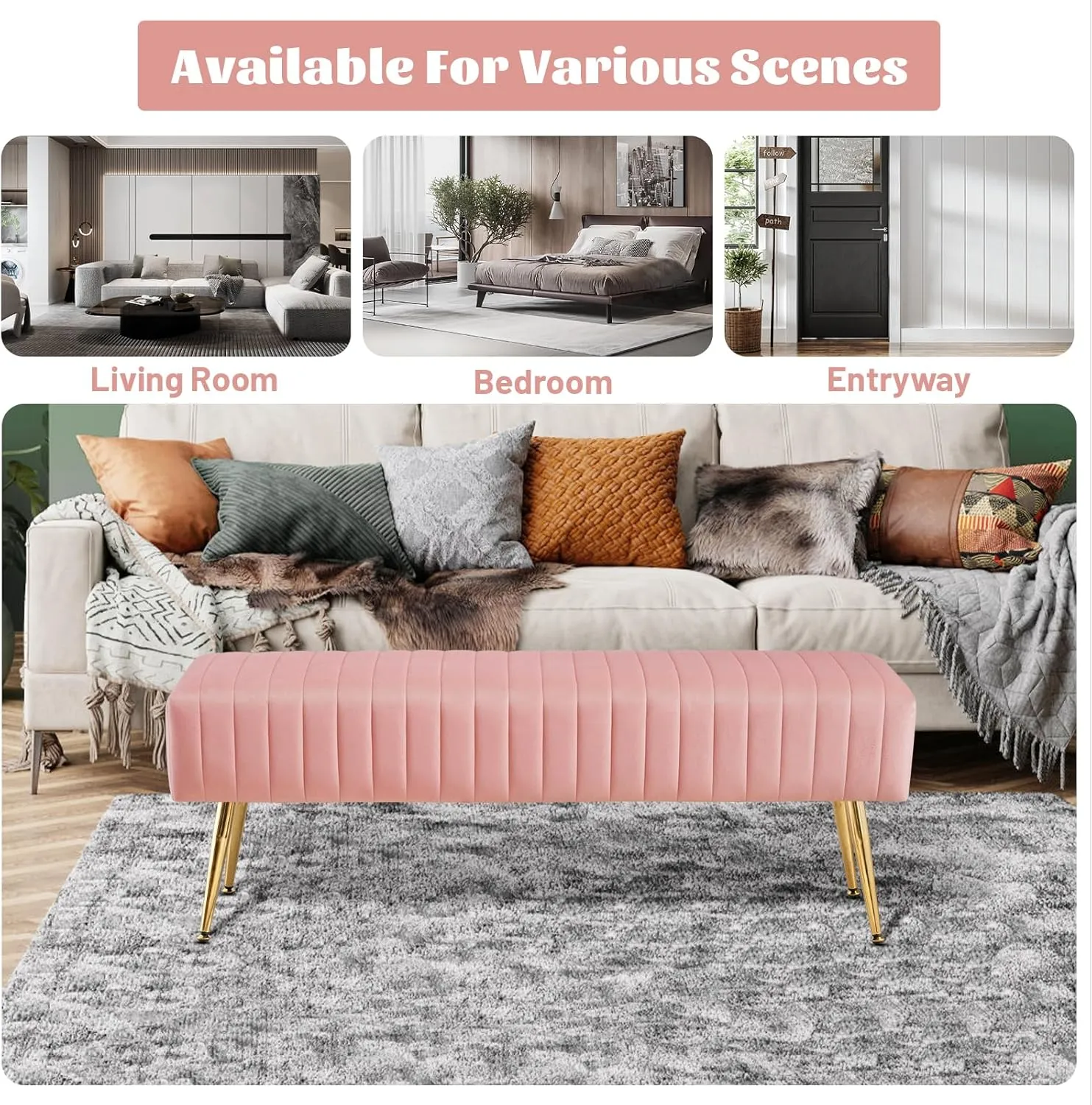 Furniliving 44 Inch Velvet Bench, Upholstered Tufted Striped Fabric Bedroom Bench with Golden Metal Legs, Ottoman for Living Room, Solid Wood Indoor Bench for Foyer (Pink)