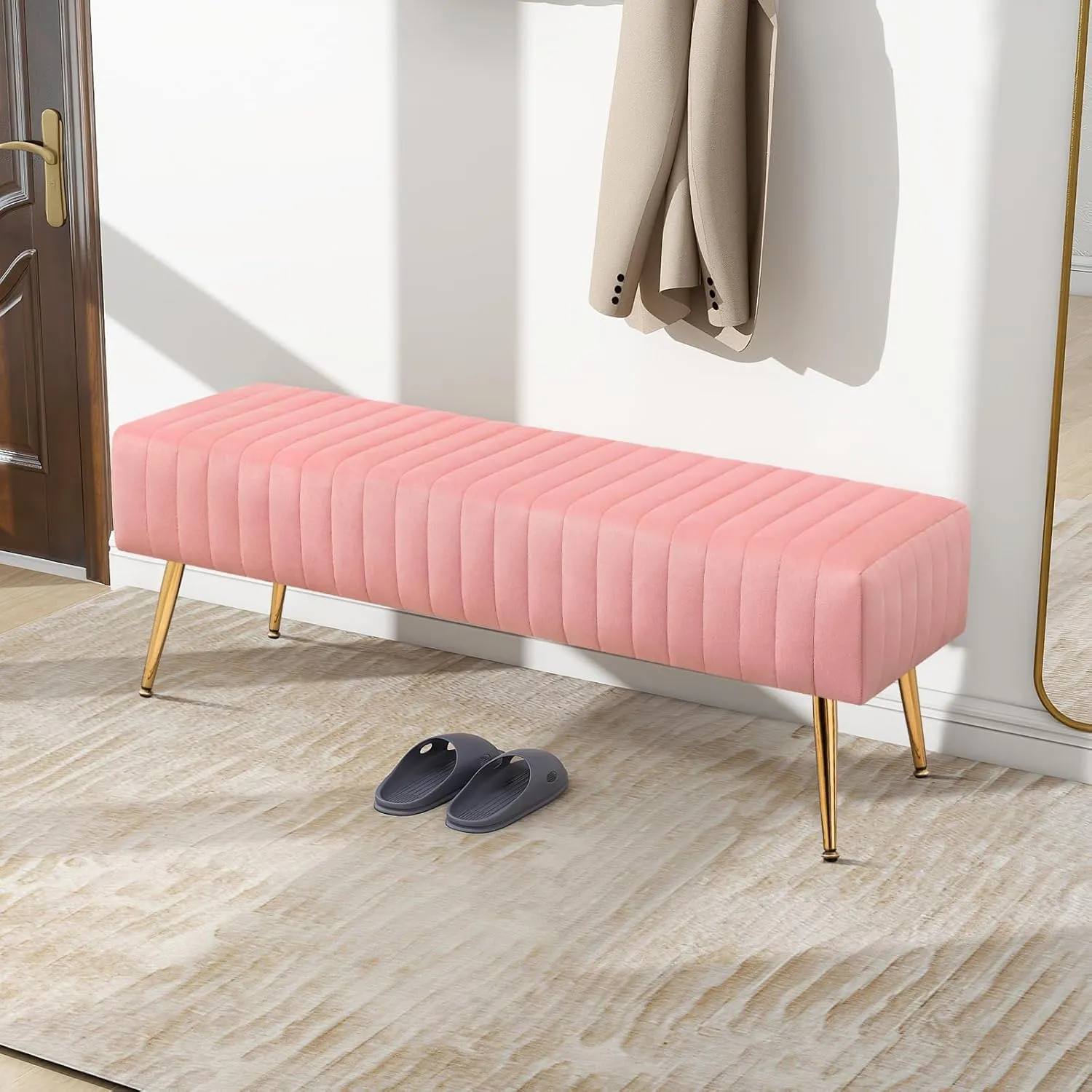 Furniliving 44 Inch Velvet Bench, Upholstered Tufted Striped Fabric Bedroom Bench with Golden Metal Legs, Ottoman for Living Room, Solid Wood Indoor Bench for Foyer (Pink)