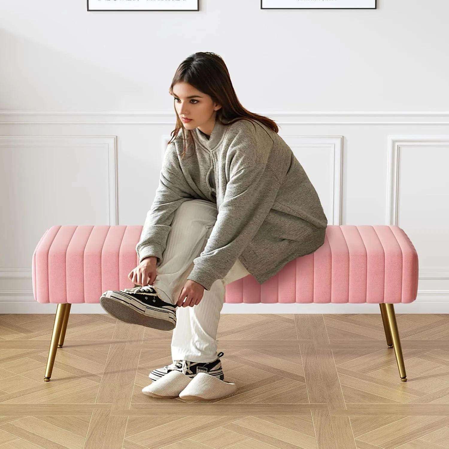 Furniliving 44 Inch Velvet Bench, Upholstered Tufted Striped Fabric Bedroom Bench with Golden Metal Legs, Ottoman for Living Room, Solid Wood Indoor Bench for Foyer (Pink)