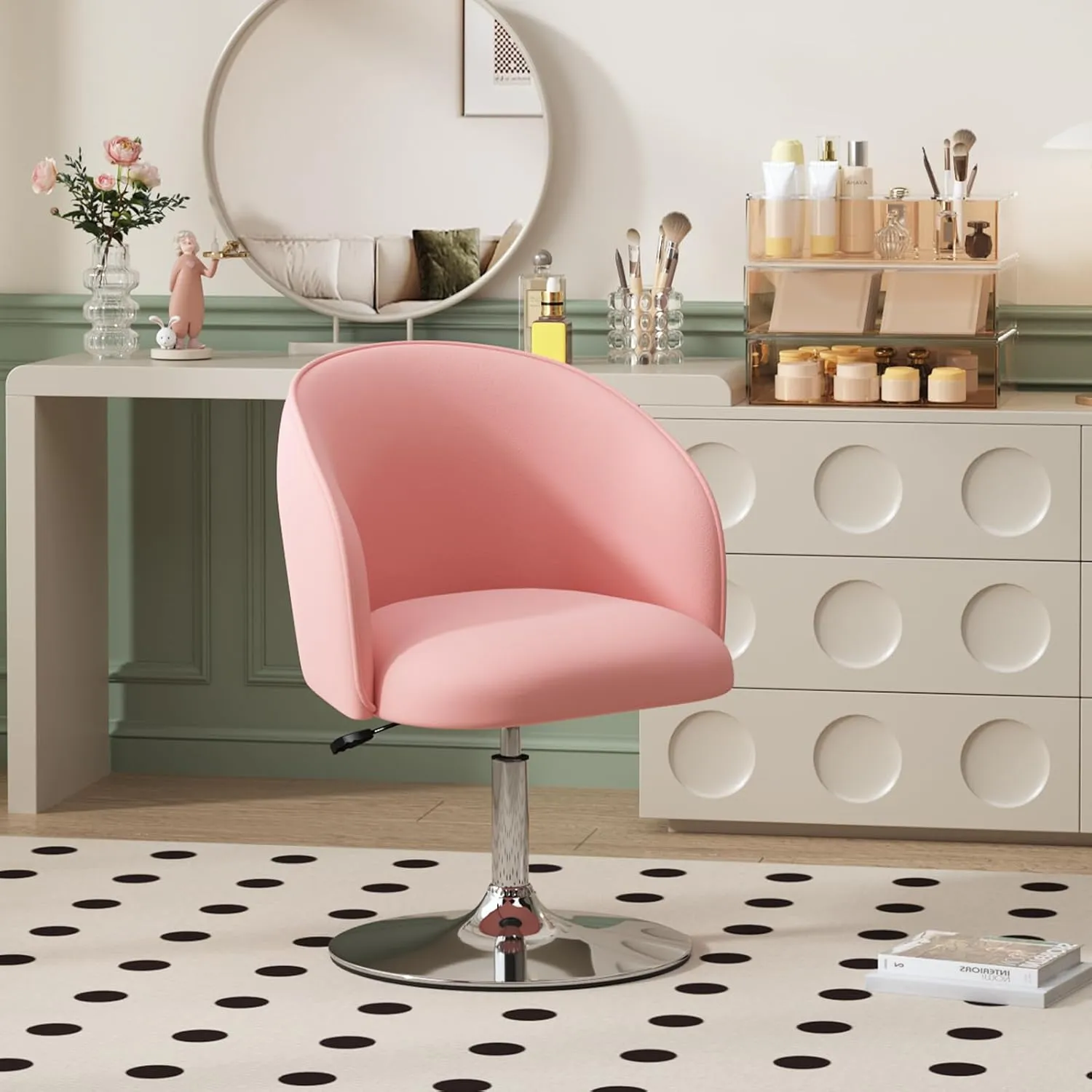 Furniliving Swivel Vanity Stool Contemporary Round Velvet Back Tilt Accent Chairs 360° Makeup Chair with Chrome Frame Height Adjustable Charming Chair Lounge Pub Bar (Pink)