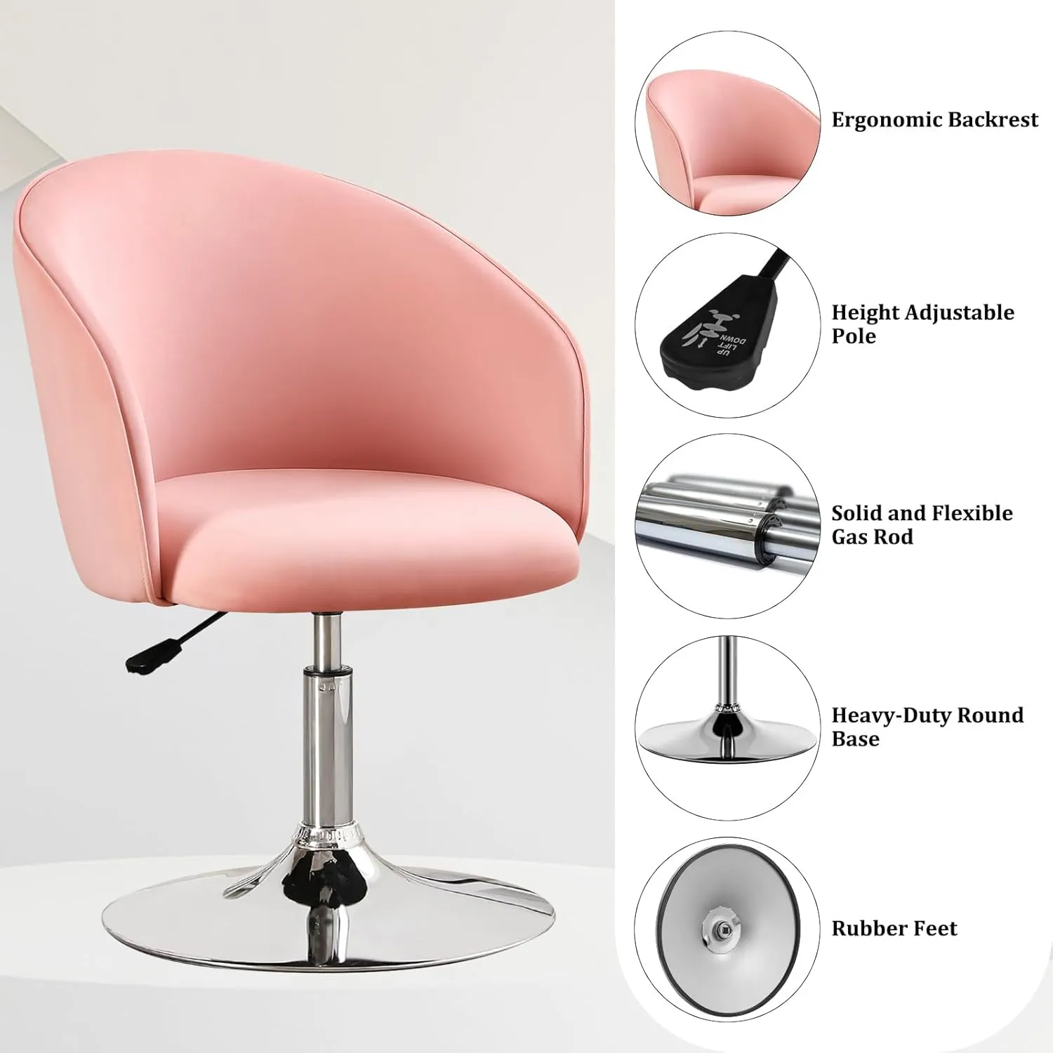 Furniliving Swivel Vanity Stool Contemporary Round Velvet Back Tilt Accent Chairs 360° Makeup Chair with Chrome Frame Height Adjustable Charming Chair Lounge Pub Bar (Pink)
